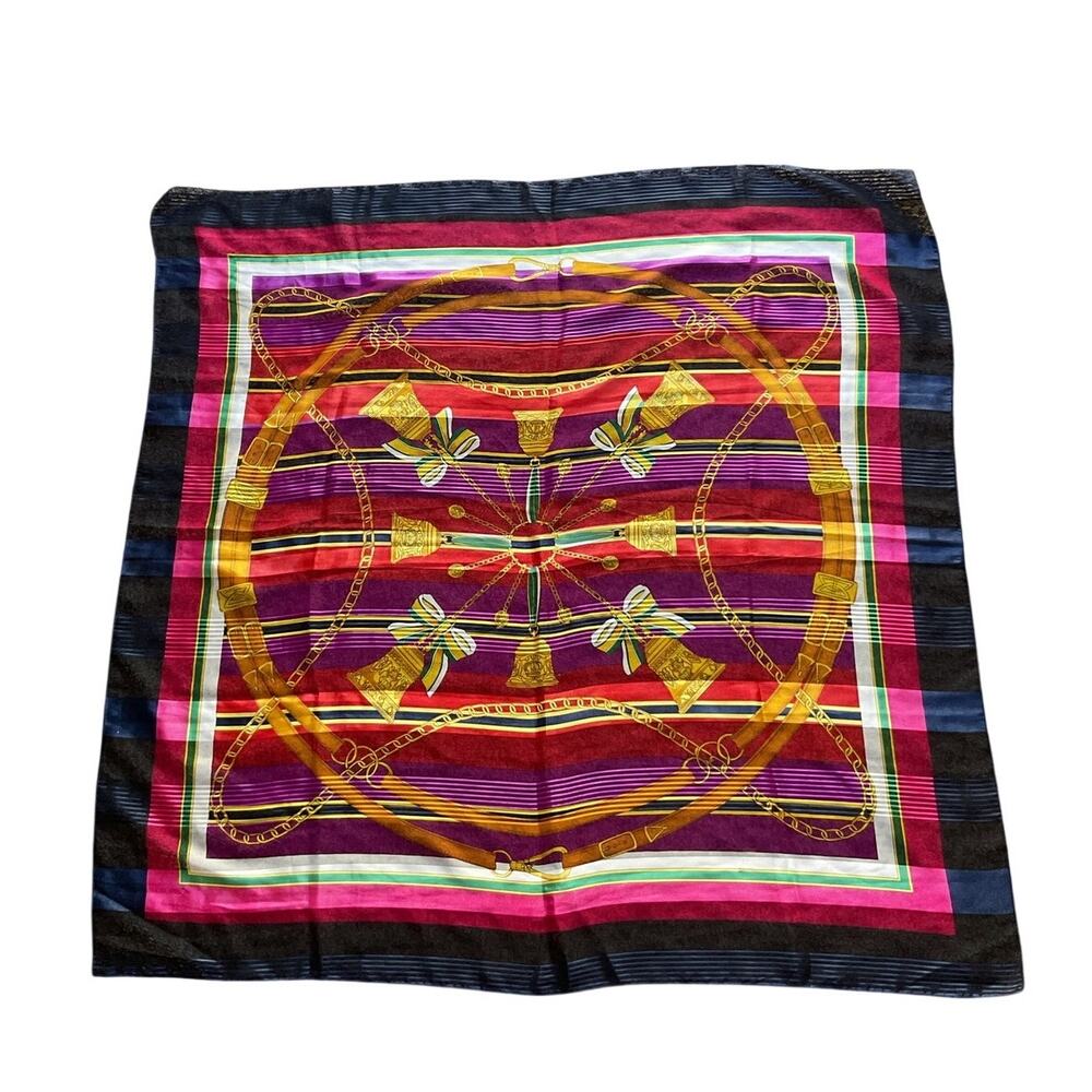 Vintage Equestrian Scarf Sheer Oversized Bell Chain Belt Print Multicolor